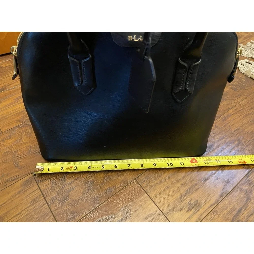 Lauren Ralph Lauren Purse Bag Satchel Black Leather Gold Monogram Zip Medium